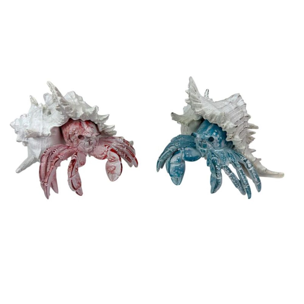 Set of 2 Resin Hermit Crab Statues Coastal White Shell Figurines 5.25 In